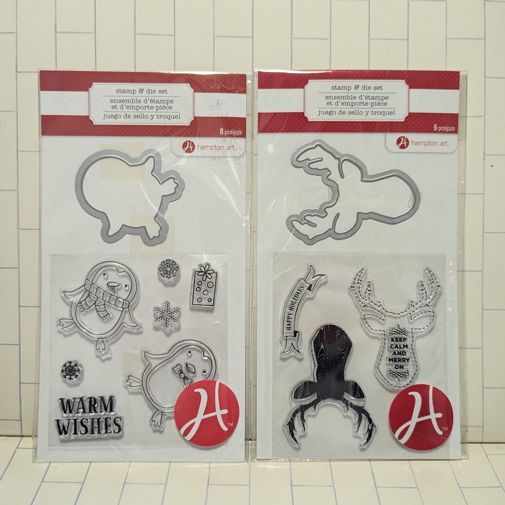 Set of 2 Happy Holidays & Warm Wishes stamp & die sets, Hampton Arts
